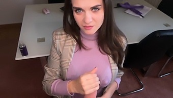 Seductive Stepmother Entices Stepson In Office, Reveals Her Bountiful Breasts And Gives Him A Handjob